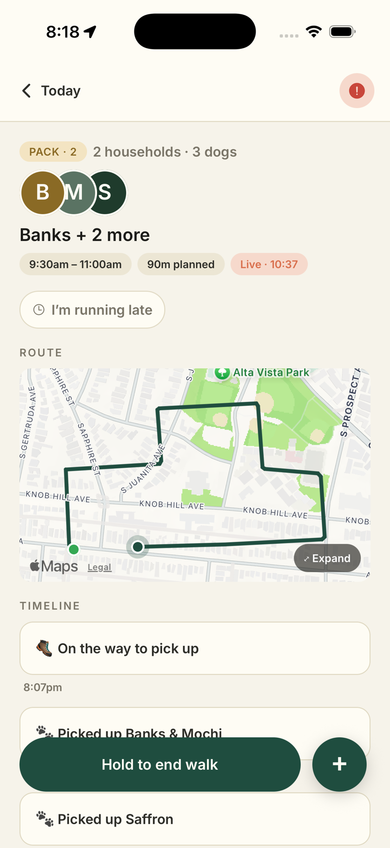 The Sidewalk app during a live pack walk — route map, timer, and picked-up dogs